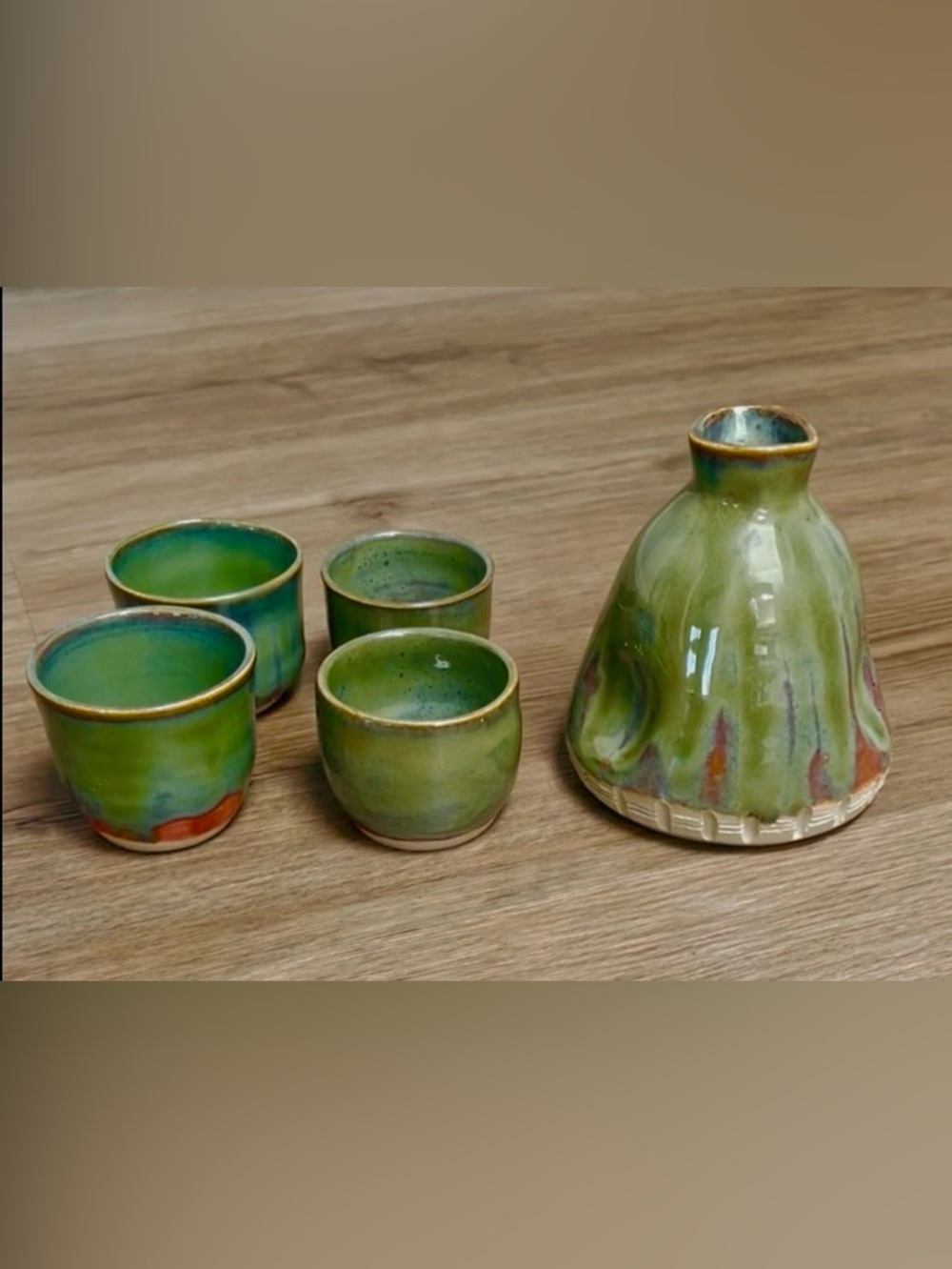 Handmade Sake Set Japan 5” Ceramic & Stone Sake Bottle With 4 Unique Sake Cups